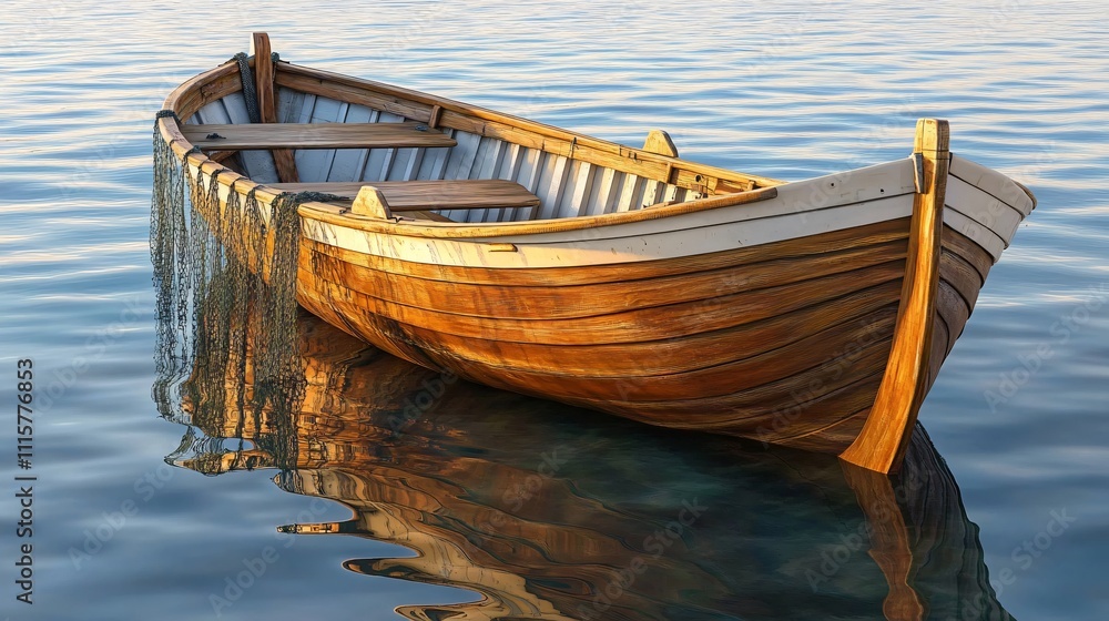 Obraz premium A wooden boat floating on calm water, reflecting its structure in the serene environment.
