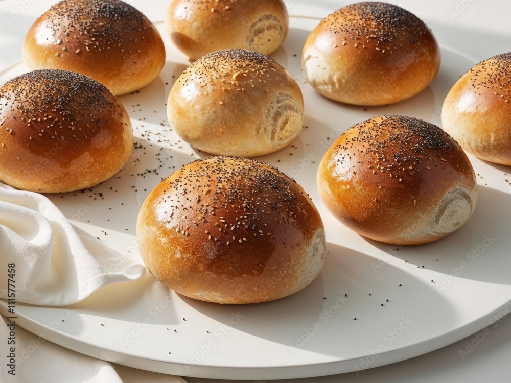 Freshly baked assorted bread rolls with poppy seeds and shiny crust in an appetizing display. Freshly baked assorted bread rolls with poppy seeds and shiny crust in an appetizing display.