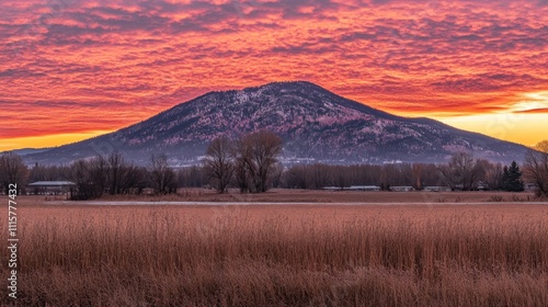 Vibrant sunrise paints the sky with fiery hues over a snow-capped mountain and serene field.