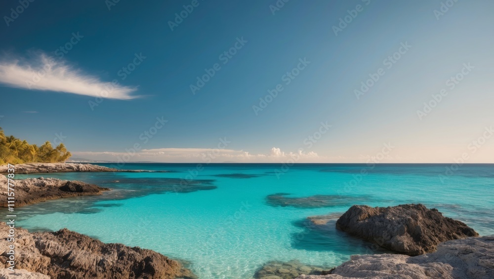 Tropical coastal landscape with turquoise waters and rocky shoreline under a bright blue sky on a serene island. Tropical coastal landscape with turquoise waters and rocky shoreline under a bright blue sky on a serene island.