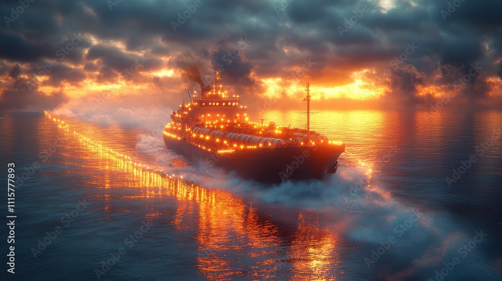 Fototapeta premium Oil Ship at Sunset on Open Water