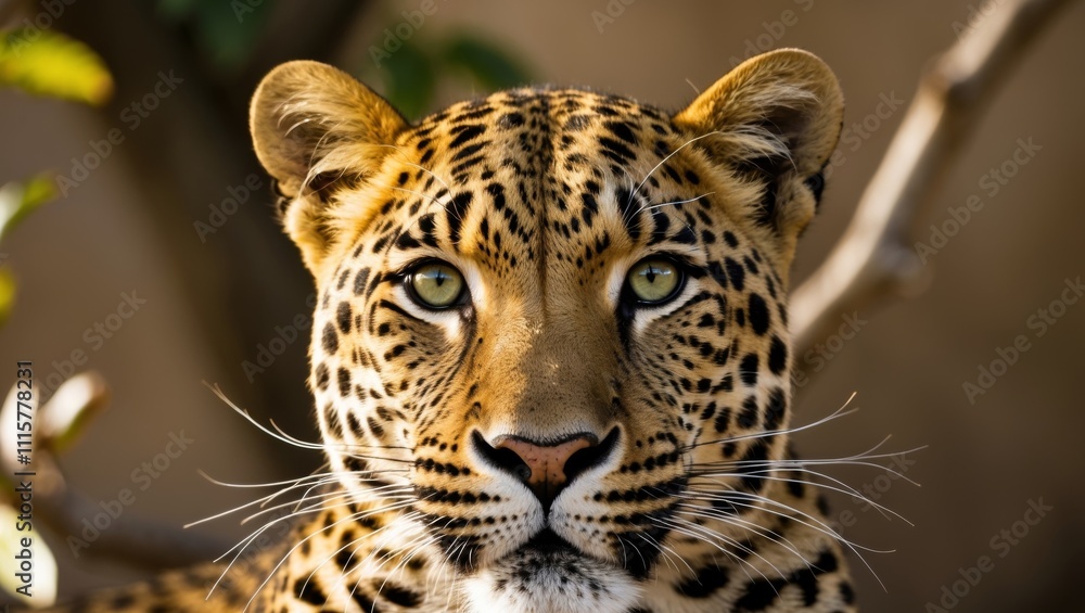 Obraz premium Close up view of a leopard displaying striking features in a natural habitat during daylight.