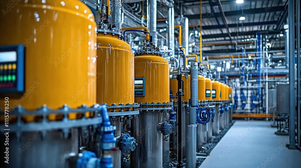 Industrial facility featuring yellow storage tanks and piping systems for processing. Industrial facility featuring yellow storage tanks and piping systems for processing.