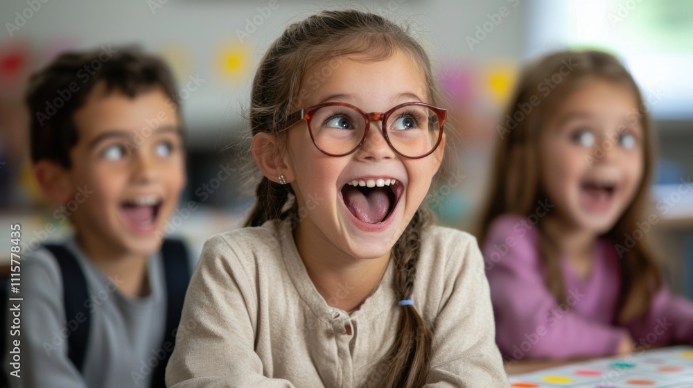 Obraz premium Joyful Children in Classroom Setting Expressing Excitement with Laughter and Smiles, Showcasing the Delight of Learning and Friendship in a Bright Environment