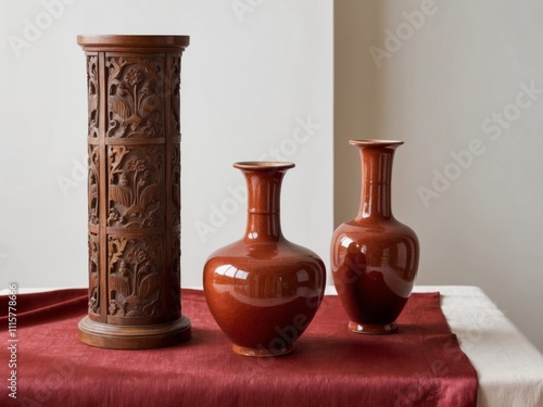 Antique decorative objects including carved wooden cylinder and pottery displayed on rich red textile. photo