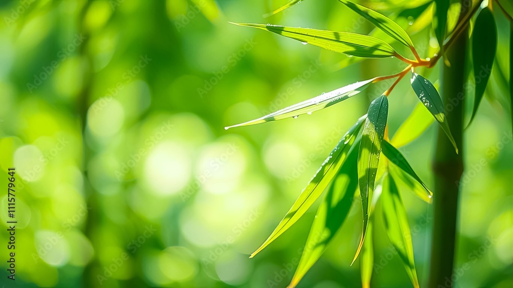 Fototapeta premium Serene Bamboo Leaves Glistening with Morning Dew in a Lush Green Forest