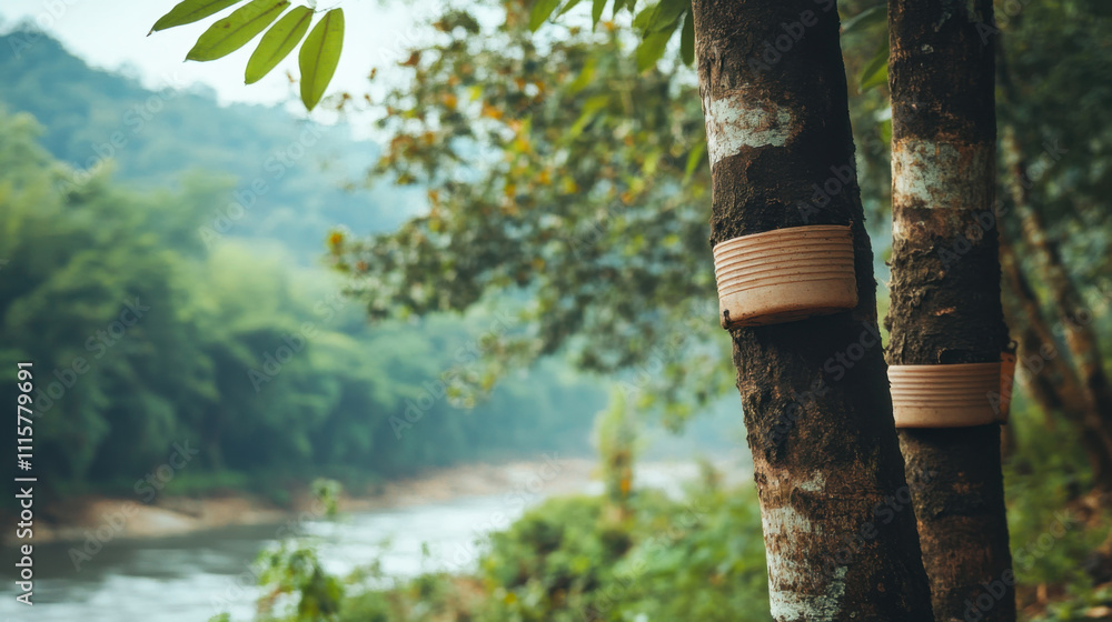 Fototapeta premium Rubber trees with latex collection cups near river, surrounded by lush greenery and mountains, create serene and natural atmosphere