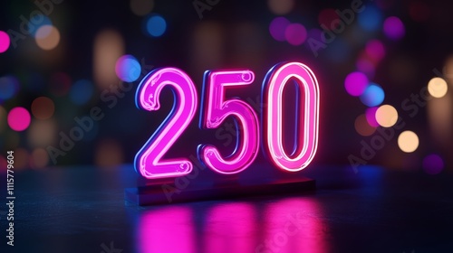 Glowing Neon Number 250 on a Dark Reflective Surface with a Colorful Bokeh Background