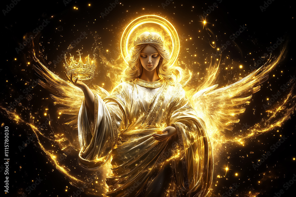 Obraz premium A queen lifts her crown, surrounded by glowing light and ethereal wings, radiating majesty and beauty