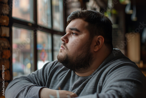 Picture of overweight mature man sitting in cafe ai generative design