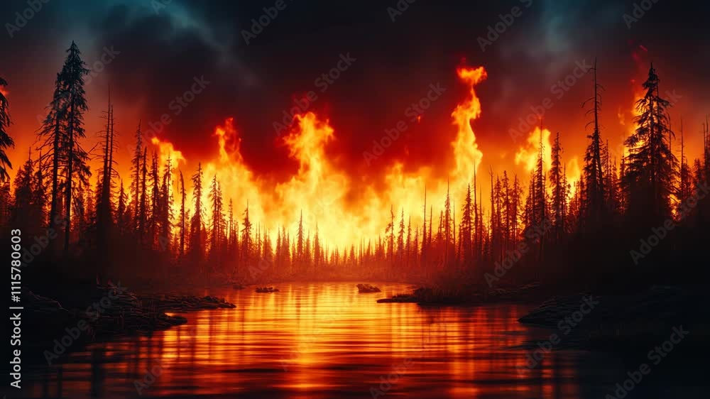 Wildfire burning across a coniferous forest at night Wildfire burning across a coniferous forest at night