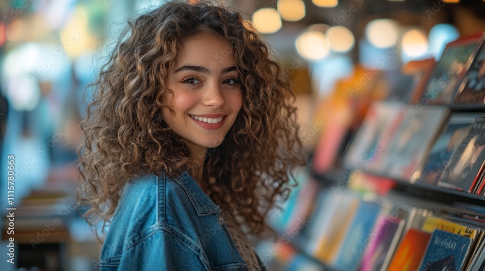 With a bright smile, a young woman stands in a lively market, surrounded by colorful records. Her curly hair bounces as she engages with the vibrant atmosphere, enjoying every moment With a bright smile, a young woman stands in a lively market, surrounded by colorful records. Her curly hair bounces as she engages with the vibrant atmosphere, enjoying every moment