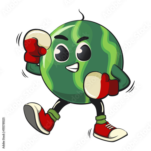 cute watermelon cartoon character practicing boxing wearing boxing glove, watermelon mascot cute cartoon characters for icon, mascot, logo, label, poster, banner, print, sticker, clip art