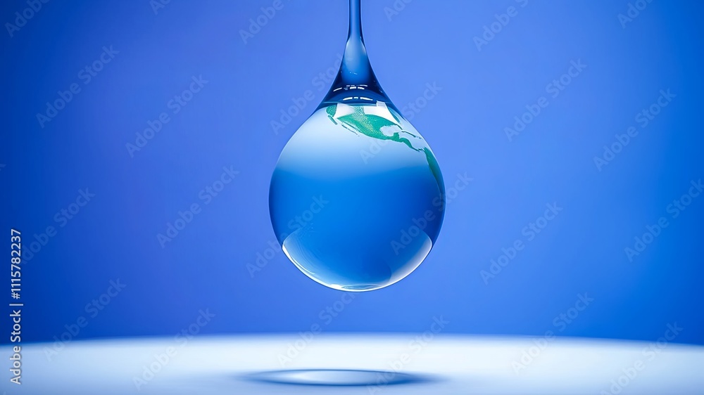A single teardrop of water containing a miniature planet Earth against a serene blue background symbolizes global water conservation A single teardrop of water containing a miniature planet Earth against a serene blue background symbolizes global water conservation