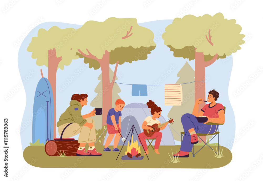 Fototapeta premium Family with two children and a dog at campsite sitting near bonfire flat vector illustration. Family spending time together outdoors.