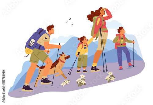 Family with two kids and a dog hiking on the mountains flat vector illustration. Family travelling with backpacks and hiking poles.