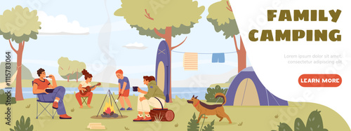Family camping horizontal banner with family at campsite flat vector illustration.