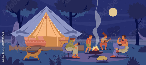 Family with two children and a dog at glamping sitting near bonfire at night flat vector illustration. Family spending time together outdoors.