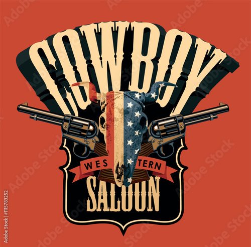 Vector emblem for Cowboy Rodeo Western saloon. Decorative illustration with skull of bull with USA flag and pistols in retro style. Suitable for banner, logo, icon, invitation, flyer, label, t-shirt
