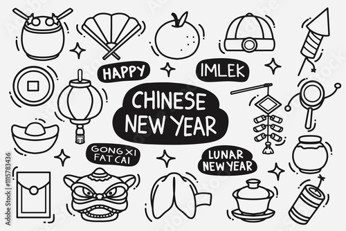 set of chinese new year doodles good for background, wallpaper, element design, icon, etc