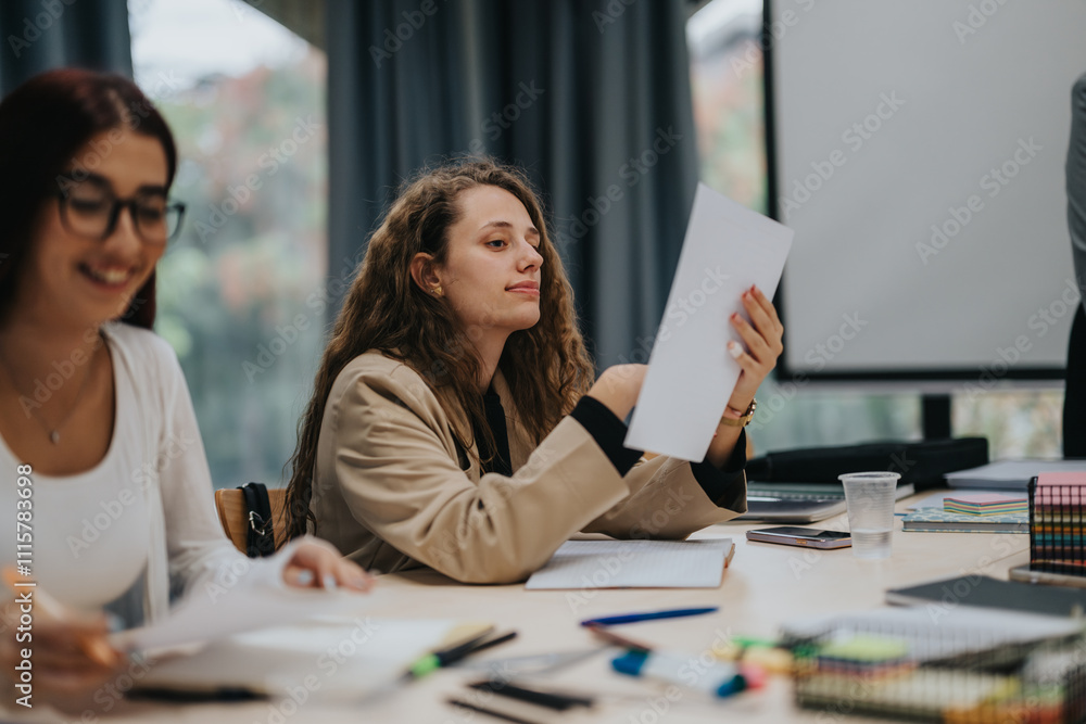 Fototapeta premium A group of students participating in a classroom activity, discussing and exchanging ideas at a table. The environment reflects focus and collaboration, with documents and stationery spread across the