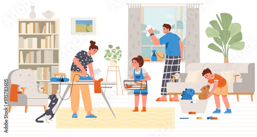 Family with two kids cleaning the living room flat vector illustration. Family doing house chores together.