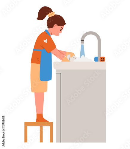 Little girl in apron washing the dishes flat vector illustration isolated on white.