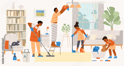 African American family with two kids cleaning the living room flat vector illustration. Family doing house chores together.