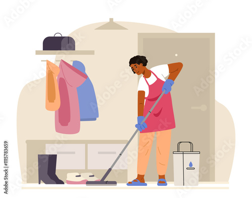 African American woman mopping the floor in the hallway flat vector illustration. House chores.