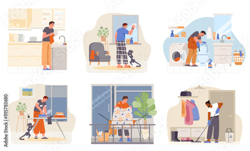 Men of different ethnicity doing house chores scenes flat vector set. Men doing house chores in the kitchen, bathroom, living room, hallway.