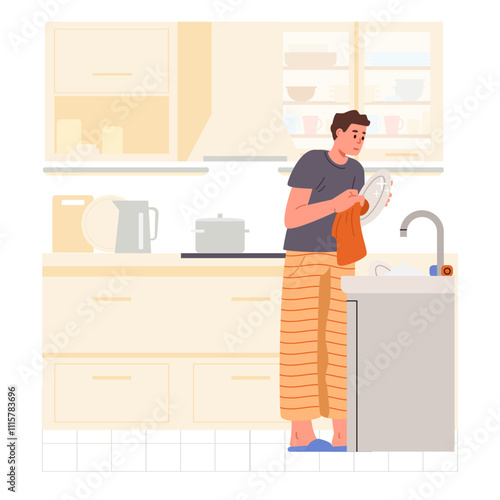 Man washing the dishes in the kitchen flat vector illustration. House chores.