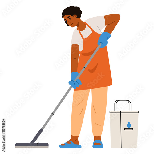 African American woman mopping the floor flat vector illustration isolated on white. House chores.