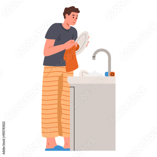 Man standing near sink wipes the plates with a towel flat vector illustration isolated on white. House chores.