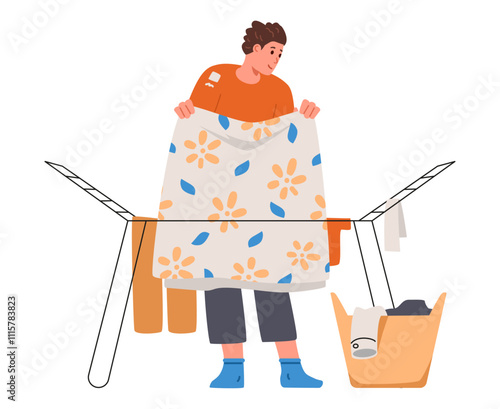 Man hangs up the laundry to dry flat vector illustration isolated on white. House chores.