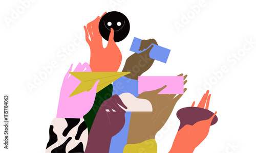 Hands holding positive feedback, good opinion. Group communication. Flat vector illustration on white 