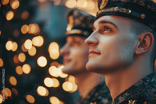 Generative AI image of military man or woman in Santa hat during holiday celebration family, perfect for festive homecoming themes photo