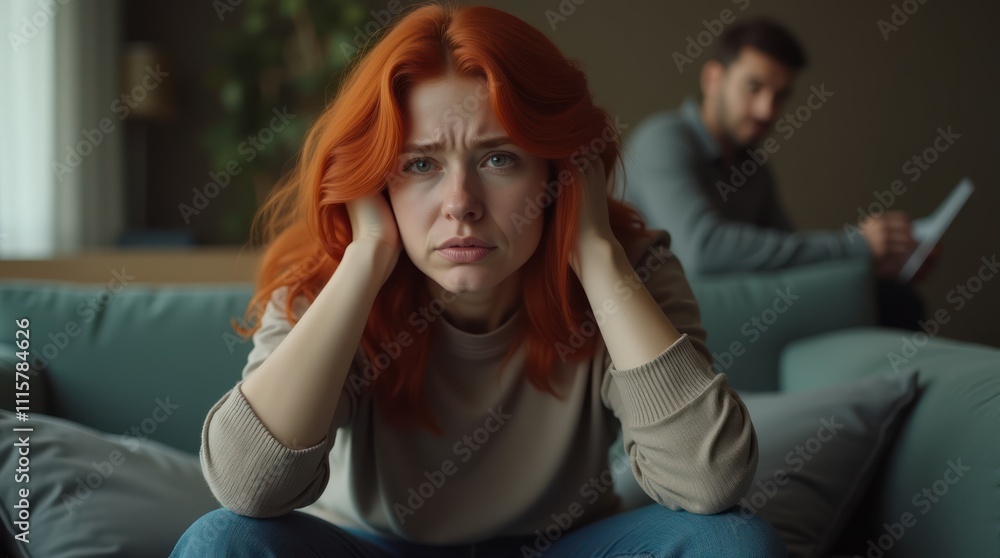 Obraz premium Distressed Woman Sits on Couch While Man Remains Absorbed in Background