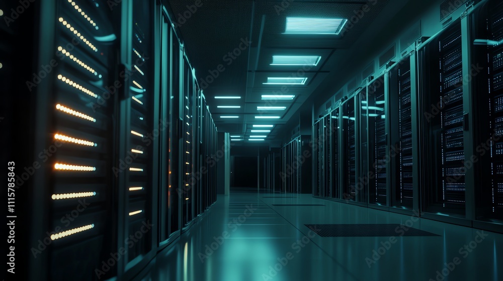 Fototapeta premium A long hallway in a server room with rows of computer servers.