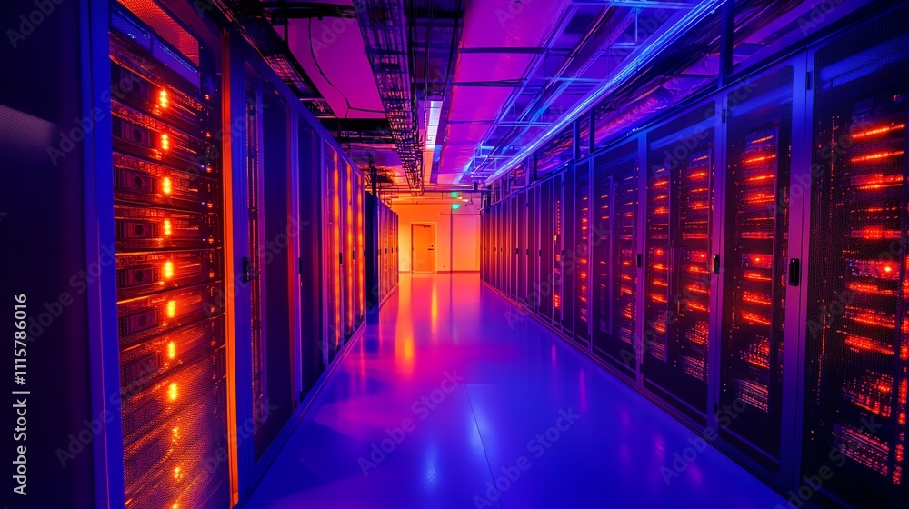A server room with rows of servers. The servers are lit up with a mix of red and blue lights. A server room with rows of servers. The servers are lit up with a mix of red and blue lights.