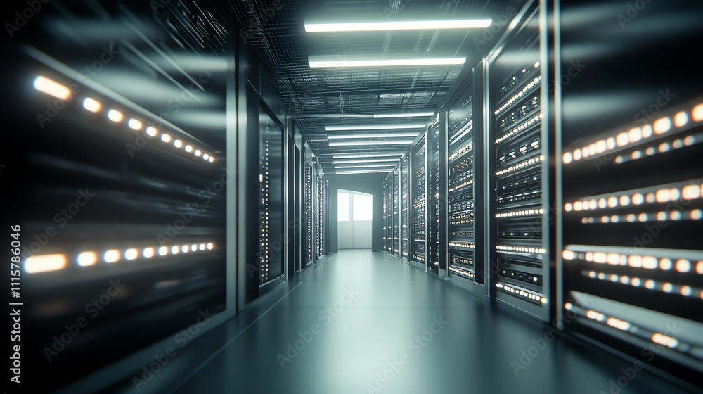 Obraz premium A long server room with rows of servers and bright lights.