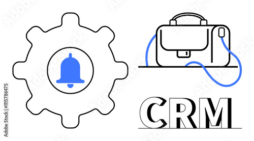 Gear with notification bell, briefcase, and CRM text. Ideal for business management, customer service, productivity tools, CRM systems, sales, marketing, organization tasks. Line metaphor