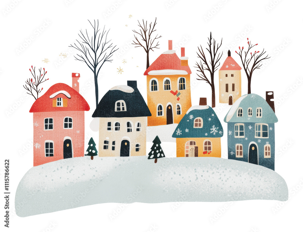 Fototapeta premium Colorful winter houses under a snowy sky, cut out - stock png.