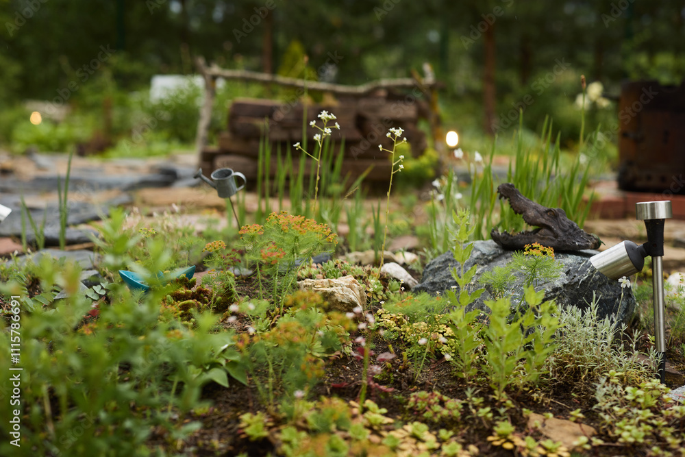 Fototapeta premium A Beautiful Miniature Garden Scene Featuring Birds Amidst Lush, Vibrant Vegetation and Life