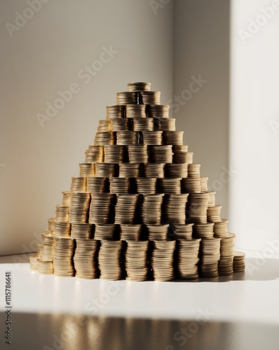 A towering pile of golden coins symbolizes wealth and financial prosperity. photo