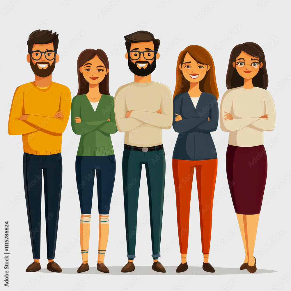 Fototapeta premium Group of five diverse cartoon characters standing together in a friendly and professional manner, showcasing unity and teamwork in an illustrated design