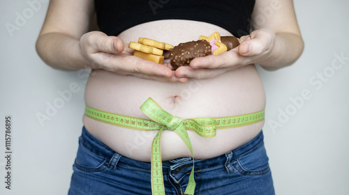 Obesity and overweight from overeating. Big belly tied with measuring tape as a gift. Body fat from candies and sweets photo