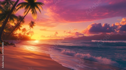 Tropical Beach Sunset Palm Trees Ocean Sky