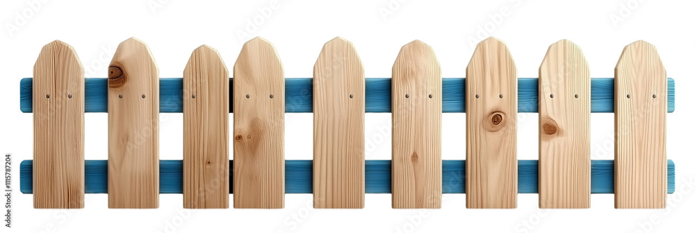 Rustic wooden picket fence with blue crossbars Rustic wooden picket fence with blue crossbars