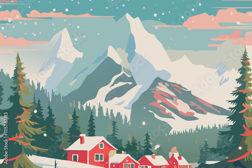 Cozy Winter Cabin in Snowy Forest Glade with Mountain View - Minimalist Flat Vector Illustration