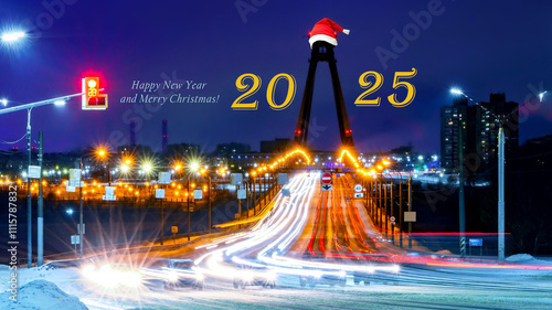 Night highway with fast moving cars out of focus, traffic in motion blurred with lights and headlights, motorway at night. Highway car trails.Greeting card Happy New Year 2025.